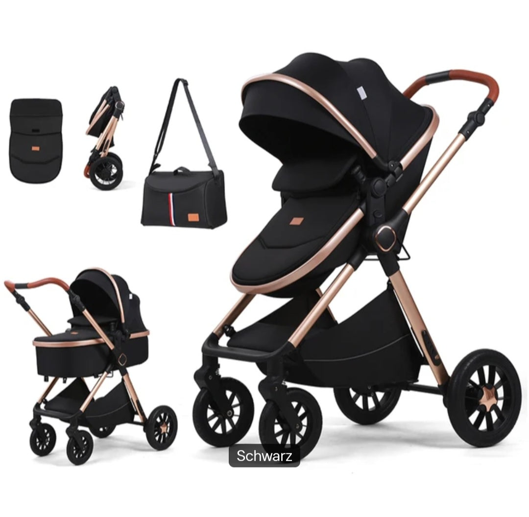Luxuriöses 3-in-1 Baby-Reisesystem - Hochwertiger Kinderwagen mit Babywanne unc Autositz für Neugeborene