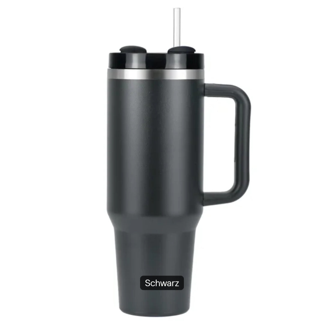 Kaffee Becher mit Griff und Strohhalm